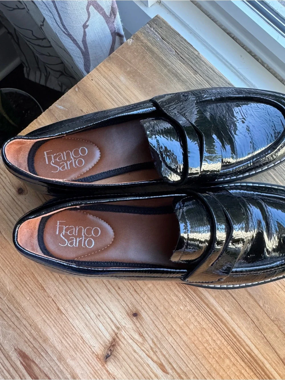 Franco Sarto Balin Black Patent Chunky Lug Sole Penny Loafers 7.5M